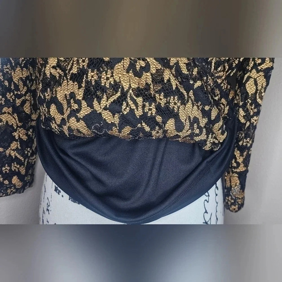 Coldwater Creek Womens Sz Small Gold Black Lace Overlay Floral Surplice Blouse - Picture 6 of 16